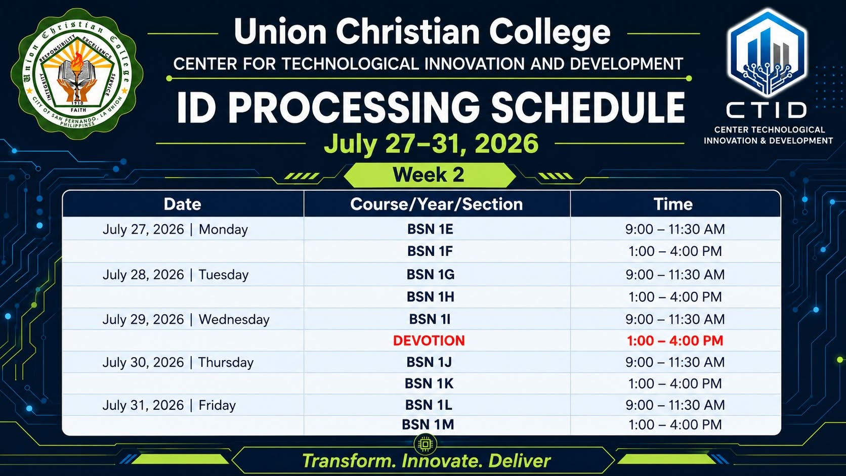 Student ID Picture-Taking Schedule (Week 2)