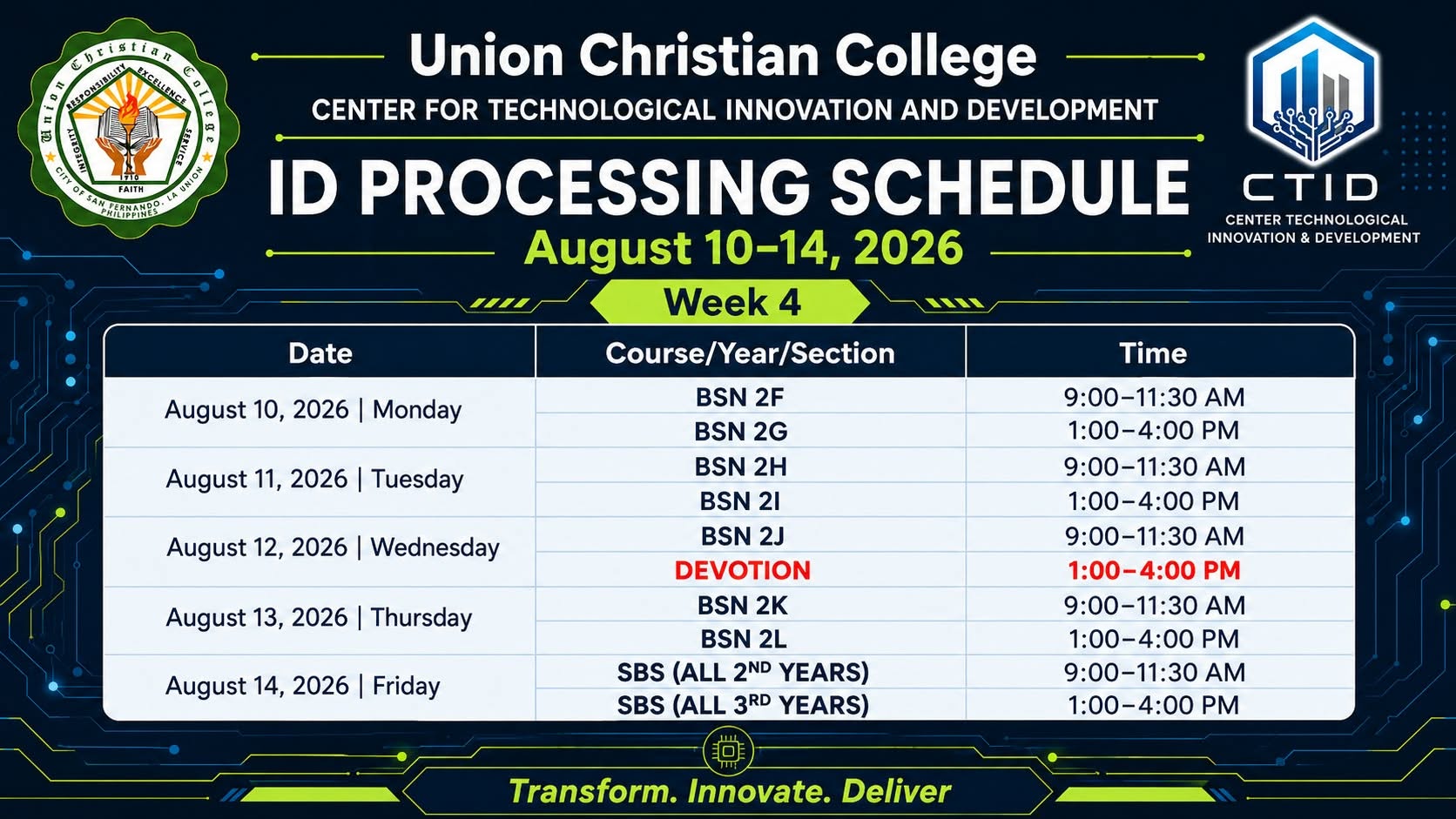 Student ID Picture-Taking Schedule