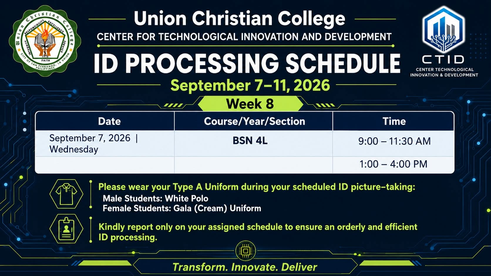 Student ID Picture-Taking Schedule (Week 8)