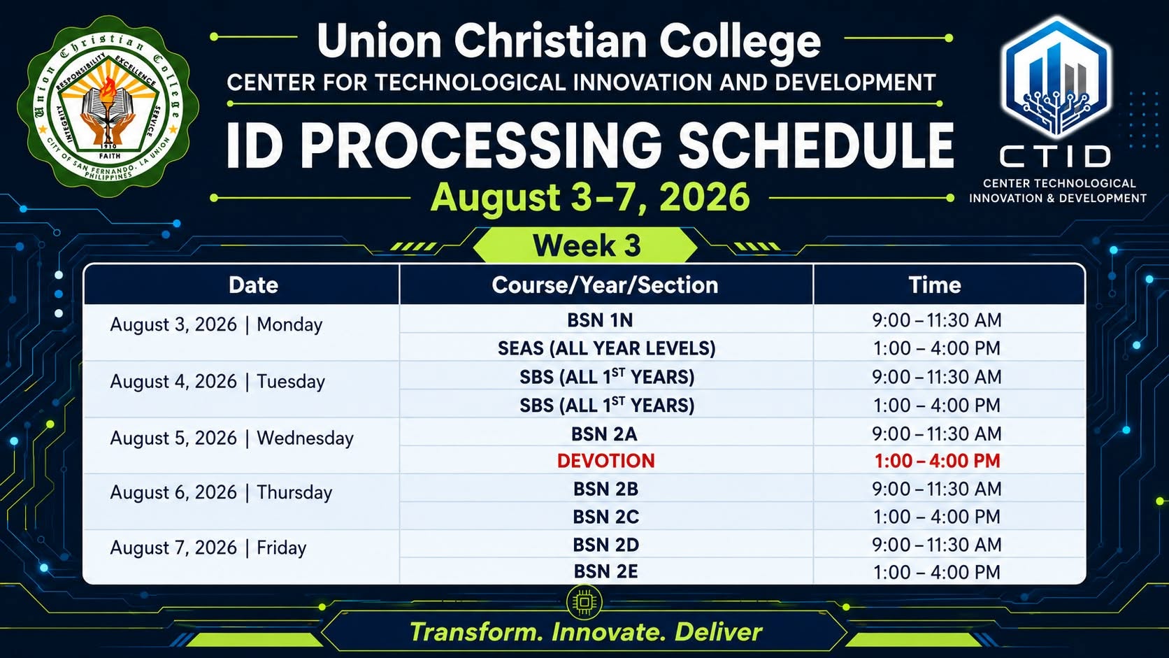 Student ID Picture-Taking Schedule