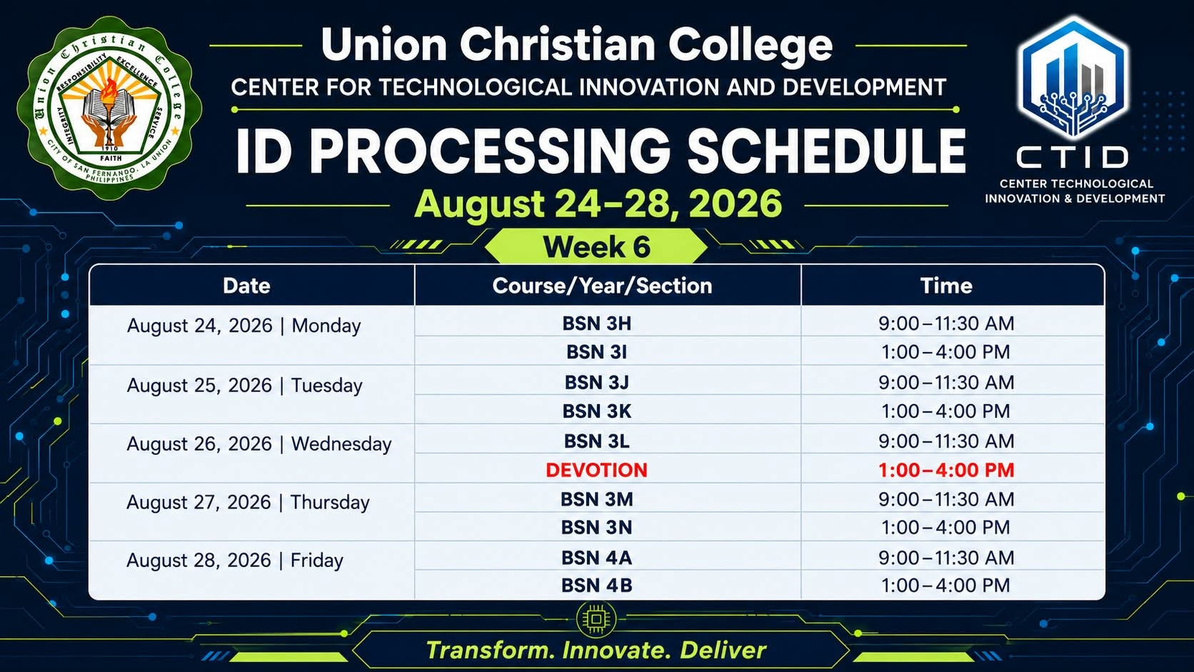 Student ID Picture-Taking Schedule (Week 6)